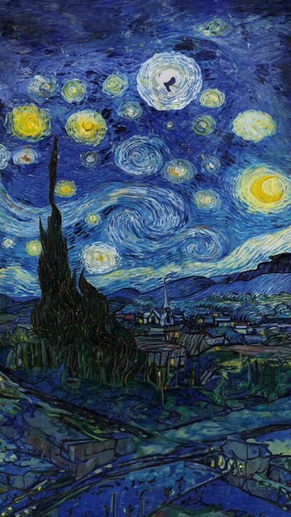 Starry night sky with swirling patterns above a village landscape, inspired by Van Gogh's iconic painting.