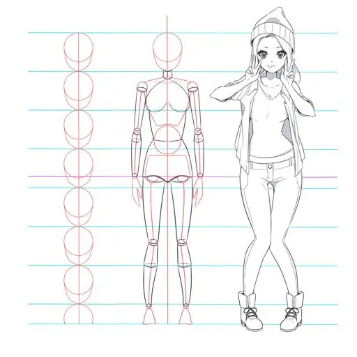 Anime girl character design with guideline and pose reference chart for drawing proportions.