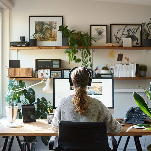 Person working at a home office desk with plants and art, using dual monitors and wearing headphones. Cozy and productive workspace.