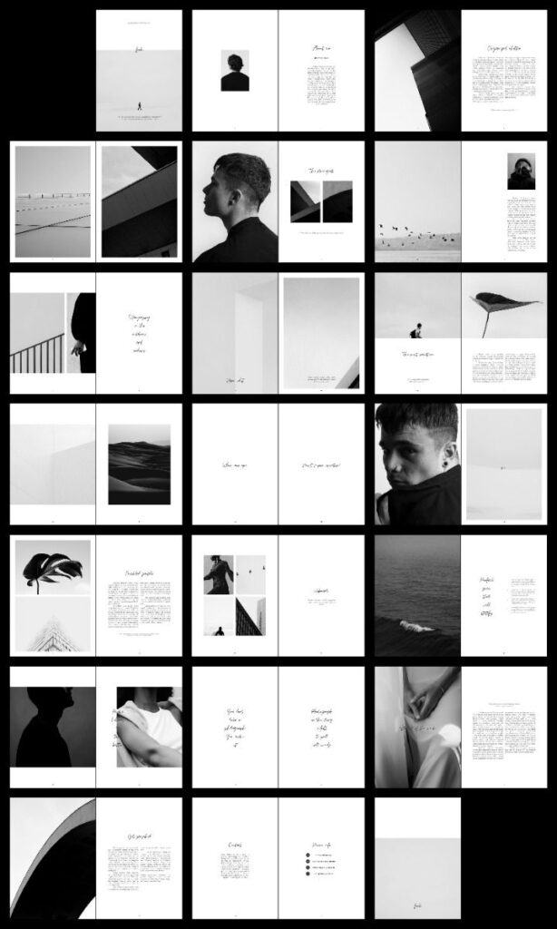 Collage of black and white photography and modern design layouts, featuring portraits, architecture, and minimal text.