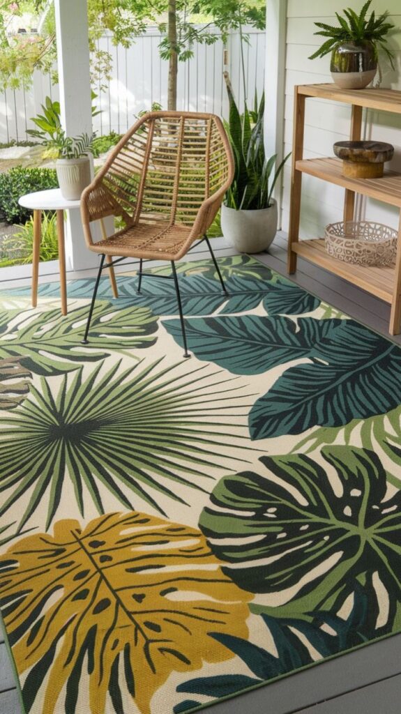 Tropical patio decor with woven chair, leafy patterned rug, and vibrant green plants for a refreshing outdoor space.