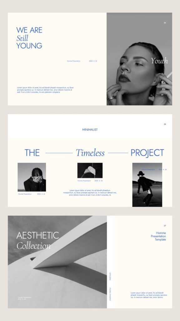 Modern presentation template featuring minimalist design with sections on youth, timeless projects, and aesthetics.