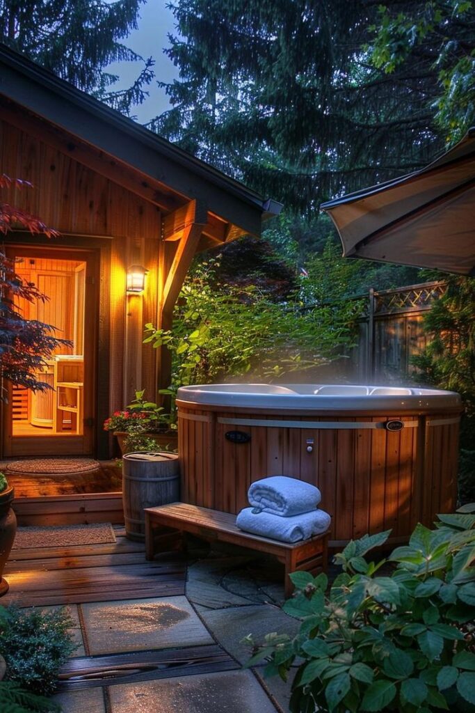 Cozy backyard scene with a lit cabin and steaming hot tub surrounded by lush greenery.