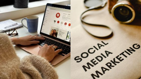 Person working on social media marketing with a laptop and camera on desk.