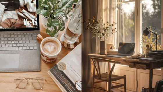 Cozy workspace with a laptop, coffee, books, and plants by a sunlit window. Perfect for productivity and inspiration.