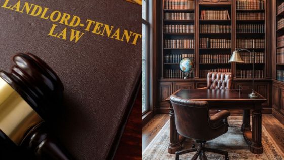 Gavel on landlord-tenant law book and elegant lawyer's office with wooden desk and bookshelves.