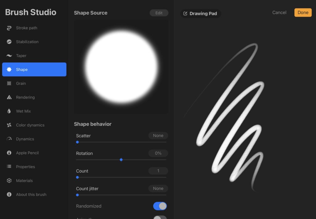 Digital brush settings interface showcasing shape source and stroke behavior in a drawing application.