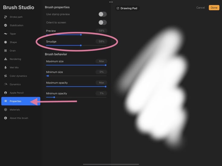Brush Studio settings with smudge adjustment highlighted, showing various brush properties.