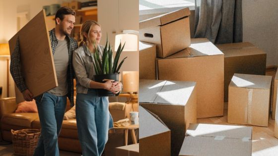 Couple moving house with boxes and plant, ready for a new home.