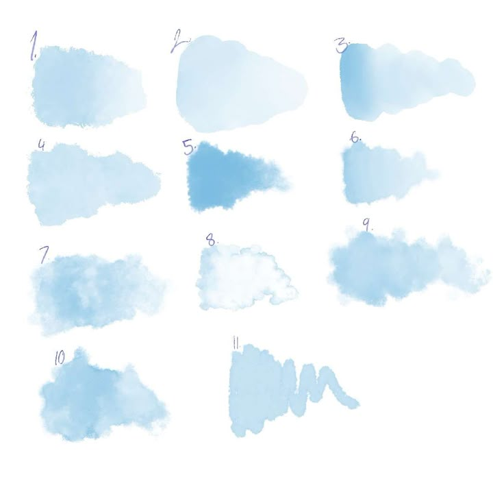 Various watercolor cloud shapes in shades of blue on a white background, numbered 1 to 11.