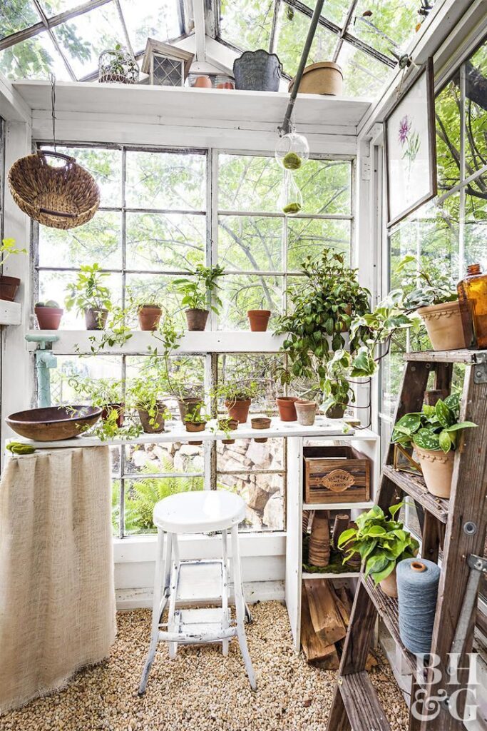 Bright indoor garden nook with potted plants on shelves, wooden ladder, and a white stool under large windows.