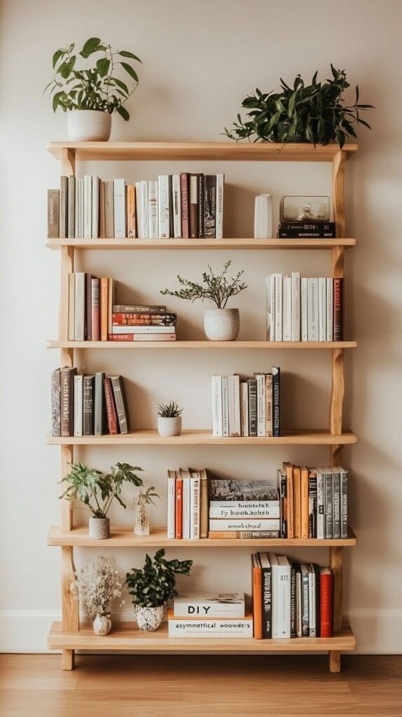 Wooden bookshelf with books and potted plants, styled in a cozy and minimalist home decor setting.