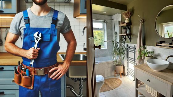 Plumber in kitchen holding wrench, next to modern bathroom with green accents and natural light.