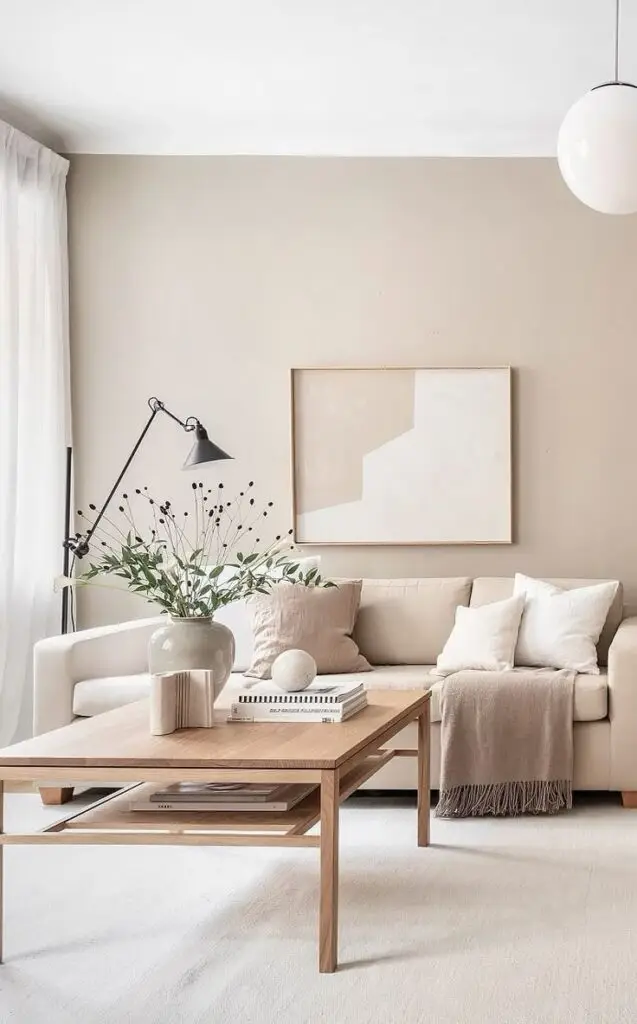 Minimalist living room with beige sofa, wooden coffee table, and modern decor elements. Elegant and cozy design.