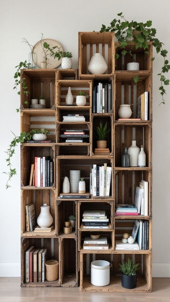 Rustic wooden crate bookshelf with books, plants, and decorative items, adding charm to a modern interior space.