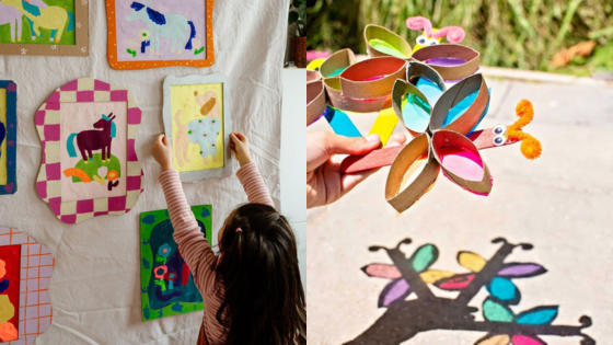 Child hanging colorful art on wall; hand holding DIY butterfly craft casting a vibrant shadow.