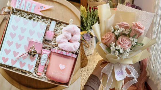 Gift box with pink heart-themed items and bouquet of knitted pink roses, perfect for a cozy present.