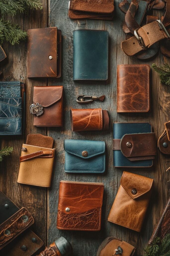 Assorted leather wallets and accessories on rustic wood, showcasing craftsmanship and variety in design and color.