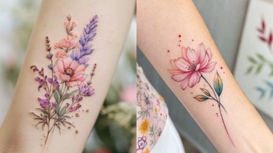 Delicate floral arm tattoos with pink and purple flowers, showcasing intricate and colorful designs.