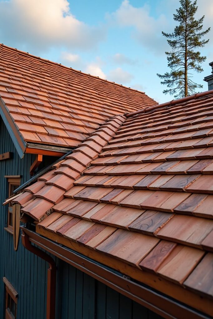 Red cedar shingle roof on a house under clear blue sky, showcasing rustic architecture and durable materials.