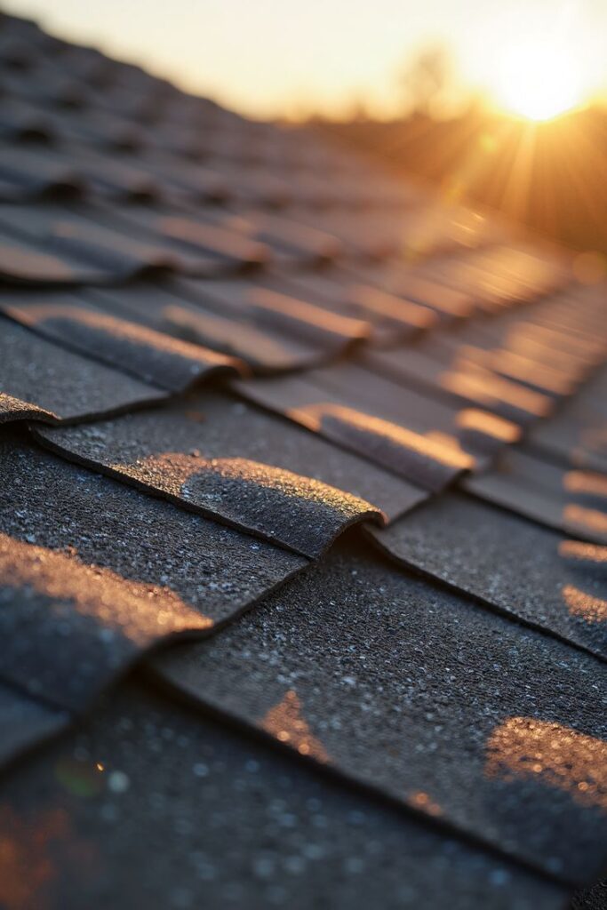 Close-up of sunlit roof shingles at sunset, showcasing texture and warm lighting.