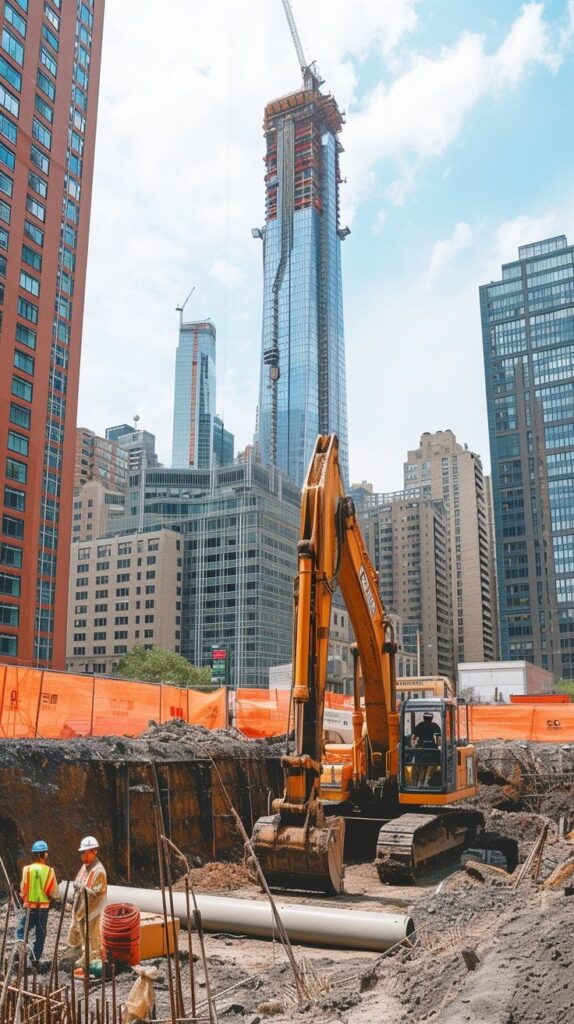 Construction site with a crane and excavator amidst city skyscrapers under a clear blue sky.