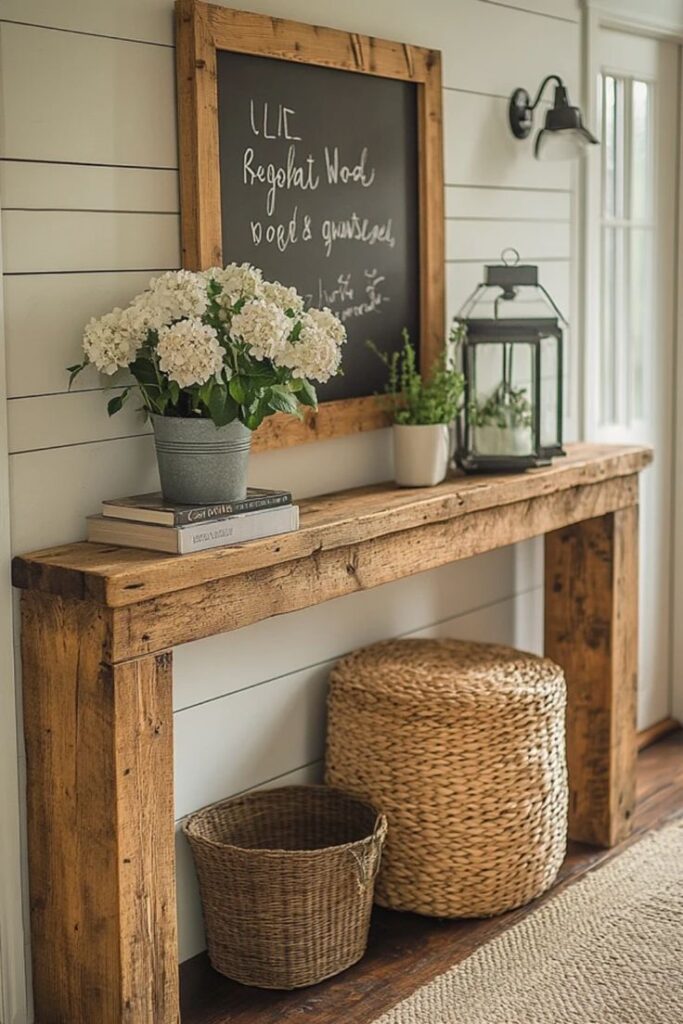 Rustic entryway decor with wooden console, chalkboard, flowers, wicker baskets, and lantern for cozy home ambiance.