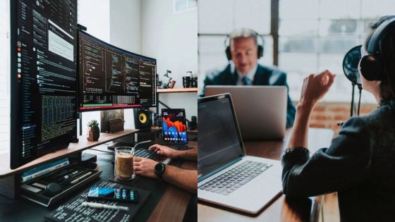 Dual scenes: Developer coding at multi-screen setup; professionals in a podcast meeting with laptops and microphones.