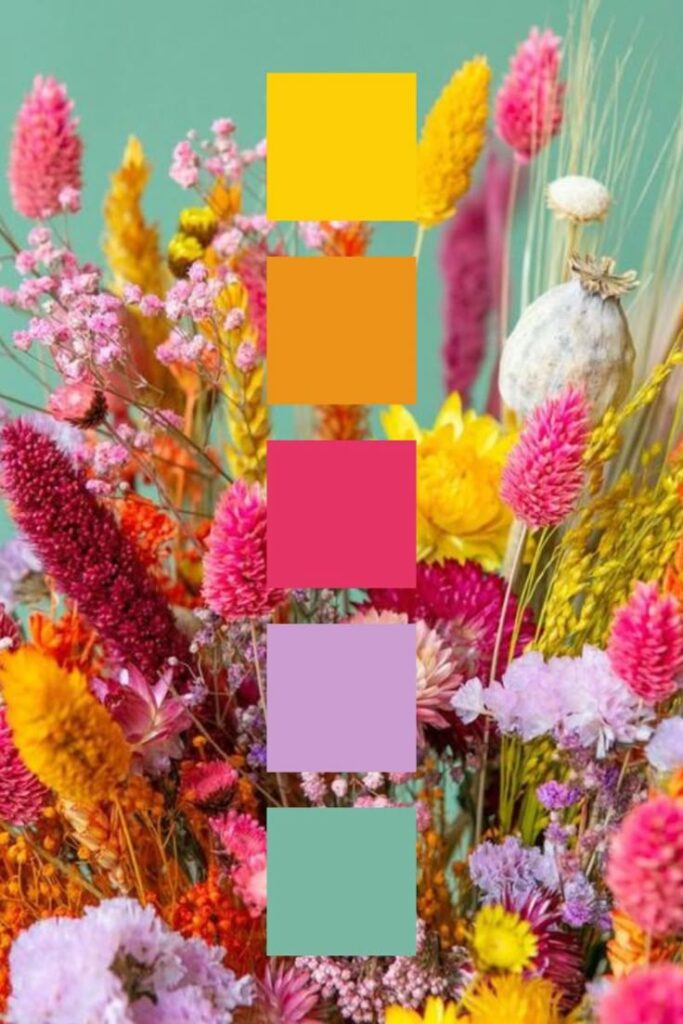 Vibrant floral arrangement with colorful swatches: yellow, orange, pink, lavender, teal. Perfect for design inspiration.