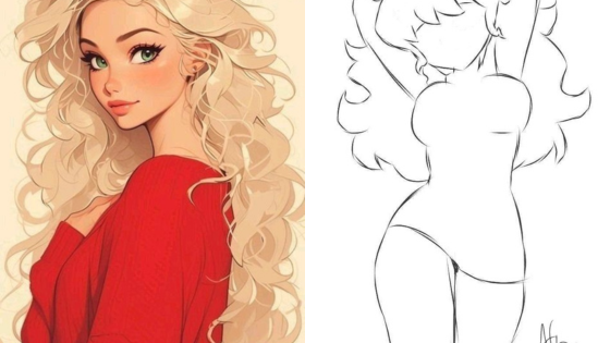 Digital art of a woman with long blonde hair and red dress, alongside an outline sketch of a female figure.