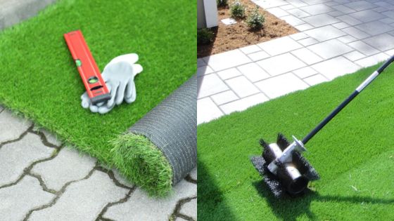 Artificial grass installation with tools: level, gloves, roller. Perfect lawn setup beside paved walkway.