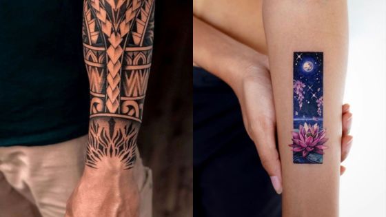 Two distinct tattoos: tribal sleeve on a forearm and a floral night scene on another arm, showcasing diverse styles.