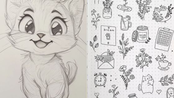 Cute kitten sketch and floral doodles with inspirational themed illustrations, including flowers, clock, and quotes.