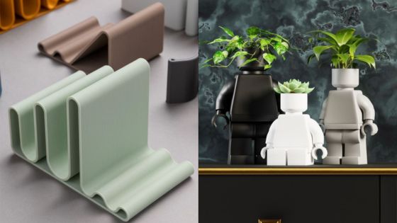 Modern geometric desk organizers and LEGO-inspired planters with lush greenery for stylish home decor.