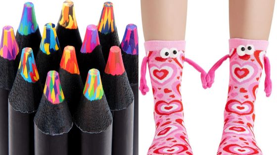 Colorful pencils and pink heart-patterned socks add a playful touch to art and fashion.