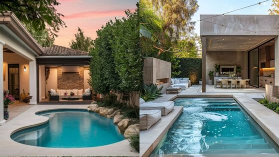 Luxurious backyard pools with elegant seating areas surrounded by lush greenery at sunset.