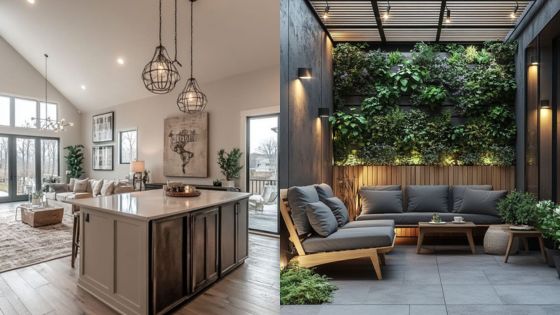 Modern open-concept kitchen and stylish outdoor lounge with vertical garden for home design inspiration.