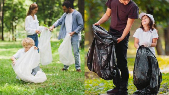 Families participate in park cleanup, collecting litter in white and black garbage bags to promote environmental awareness.