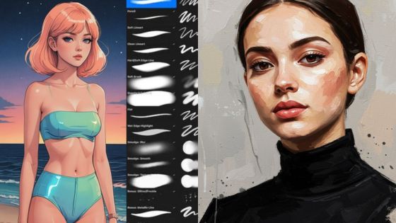 Digital art comparison: anime-style girl at beach and realistic portrait of woman in black top.