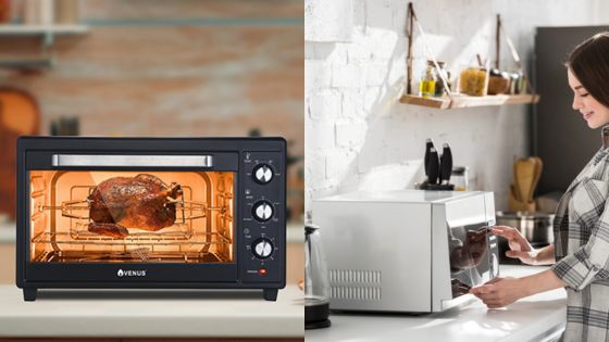 Electric oven cooking roast, woman using microwave in kitchen.