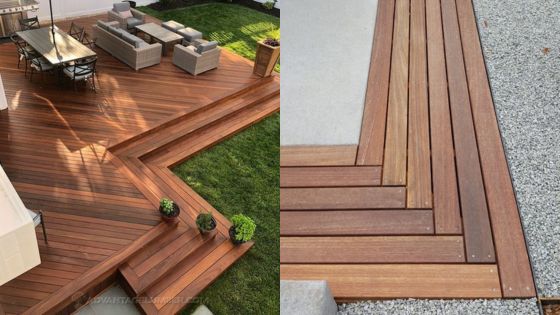 Wooden deck with modern outdoor seating and detailed woodwork design.