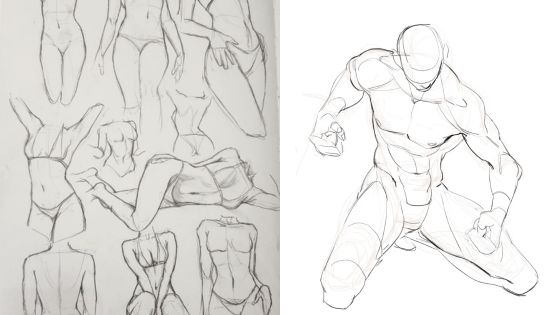 Dynamic sketch of male and female poses, showing anatomical studies and artistic anatomy practice.