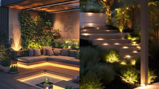 Modern outdoor seating and garden with ambient lighting, featuring lush greenery and illuminated steps at night.