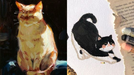 Digital art of an orange tabby and a playful black and white cat, showcasing varied painting styles.