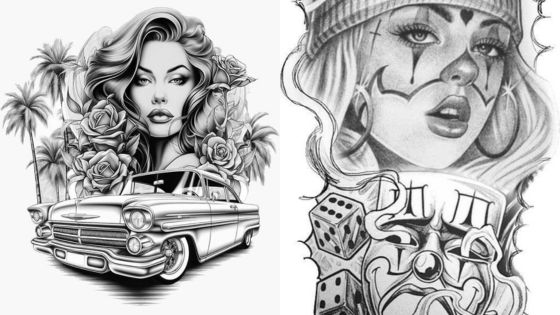 Black and white tattoo art featuring a classic car, roses, a woman, and joker-themed designs.