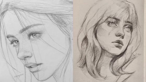 Two pencil sketches of women, showcasing fine details and expressive features in profile and front views.