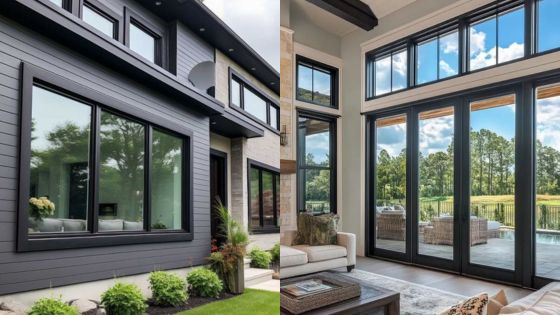 Modern home with large windows and a view of a landscaped garden and outdoor space.