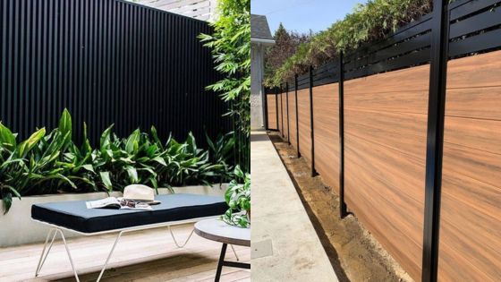 Modern outdoor spaces with sleek black and wooden privacy fences, surrounded by greenery.