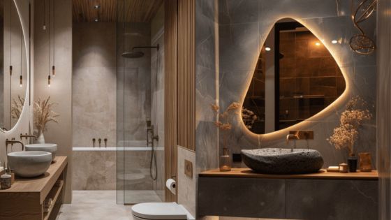 Modern bathroom with ambient lighting, glass shower, stylish mirrors, and wooden accents for a serene atmosphere.