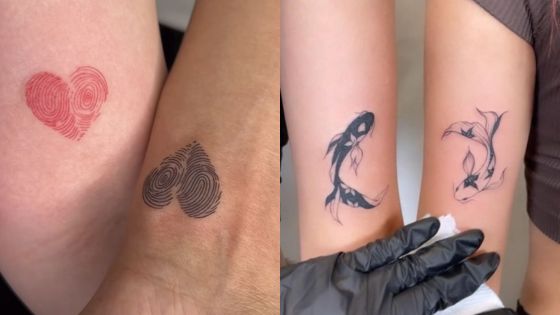 Heart fingerprint and koi fish matching tattoos on arms, showcasing unique ink designs and friendship or relationship symbols.